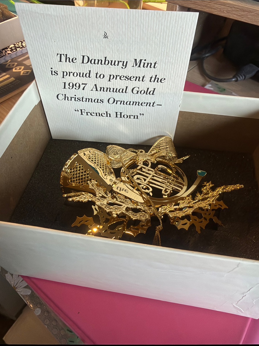 Danbury Mint Gold French Horn Ornament with Holly Accents